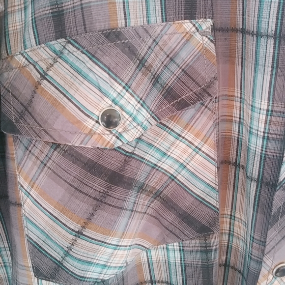 Coastal XXL Mens Tan Turquoise Plaid Snap Western Shirt - Picture 7 of 9